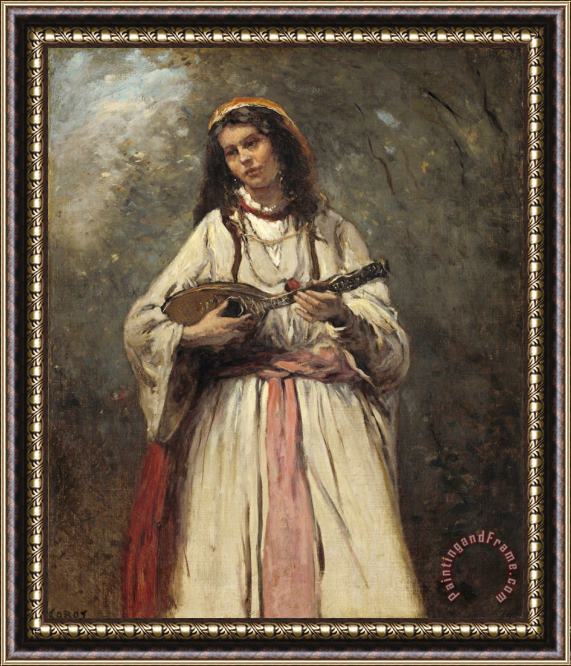 Jean Baptiste Camille Corot Gypsy Girl with Mandolin Framed Painting