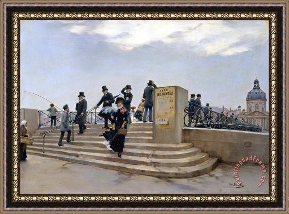 Jean Beraud A Windy Day on The Pont Des Arts, Paris Framed Painting