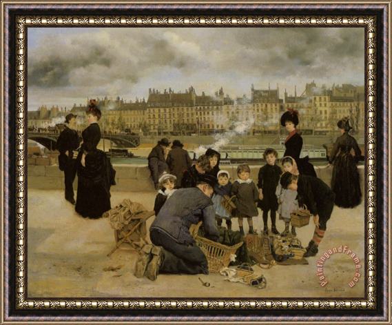 Jean Beraud Children with a Toy Seller on The Quai Du Louvre Framed Print