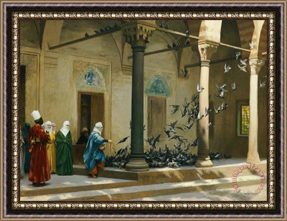Jean Leon Gerome Harem Women Feeding Pigeons In A Courtyard Framed Painting