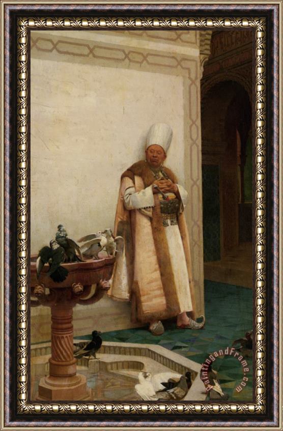 Jehan Georges Vibert A Grand White Enuch Watching Doves Framed Print