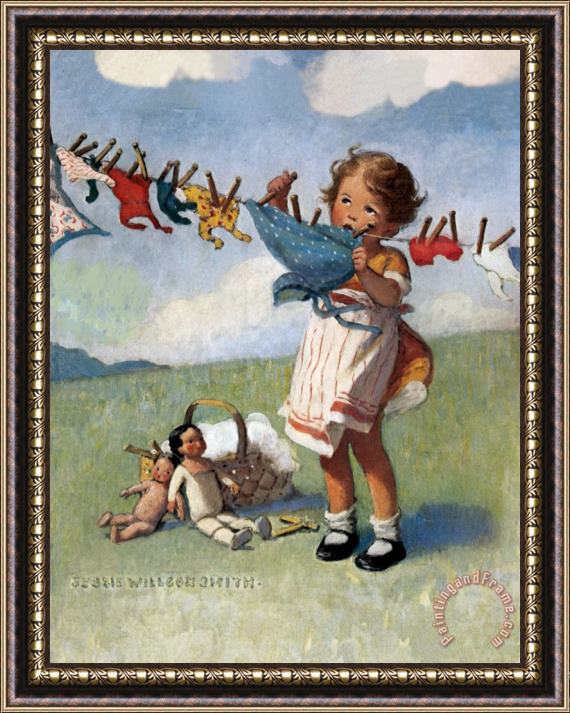 Jessie Willcox Smith Hanging Doll Clothes on a Windy Day Framed Print
