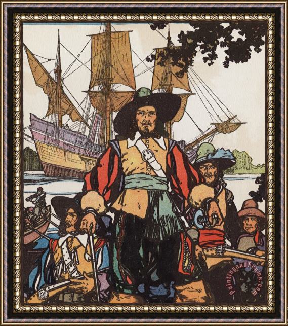 J.L. Kraemer French Explorer Robert De Lasalle with Ships Near Mississippi River Framed Print