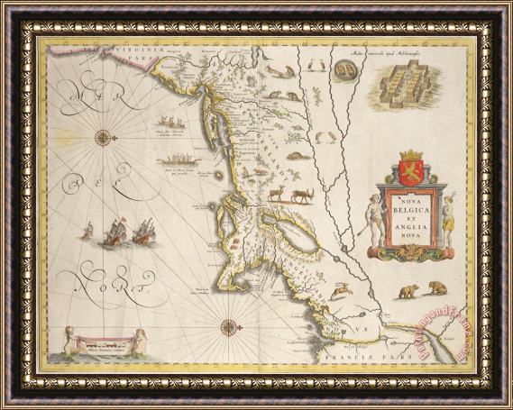 Joan Blaeu Antique Map of New Belgium and New England Framed Painting