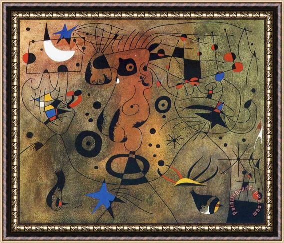 Joan Miro Woman with Blond Armpit Combing Her Hair by The Light of The Stars Framed Painting