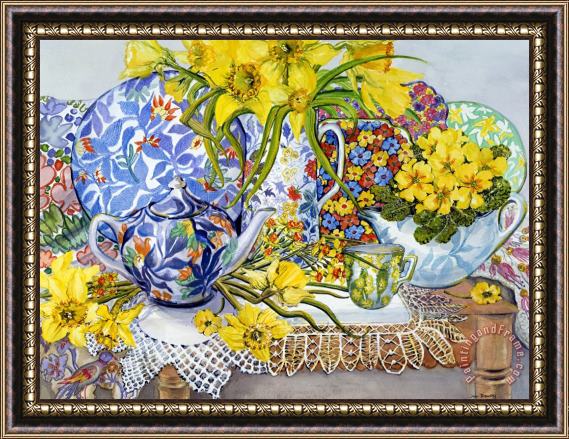 Joan Thewsey Daffodils Antique Jugs Plates Textiles And Lace Framed Painting