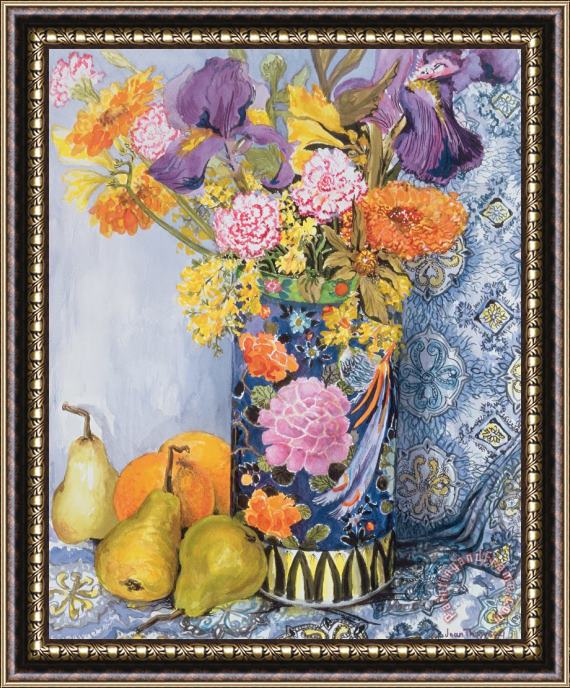 Joan Thewsey Iris And Pinks In A Japanese Vase With Pears Framed Painting