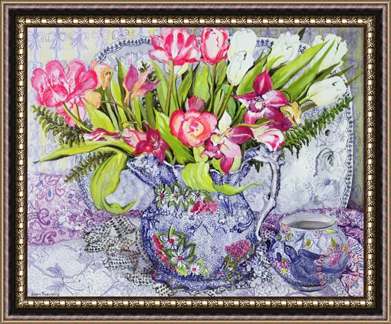 Joan Thewsey Pink And White Tulips Orchids And Blue Antique China Framed Print Joan Thewsey Pink And White Tulips Orchids And Blue Antique China Framed Print