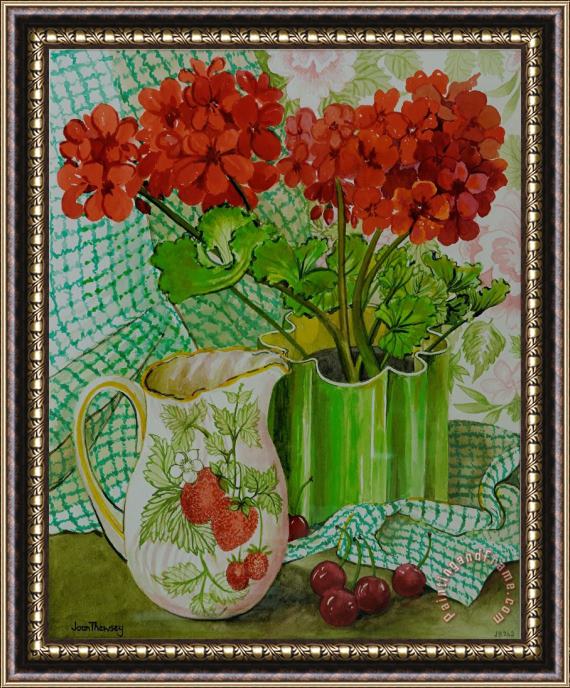 Joan Thewsey Red Geranium With The Strawberry Jug And Cherries Framed Painting