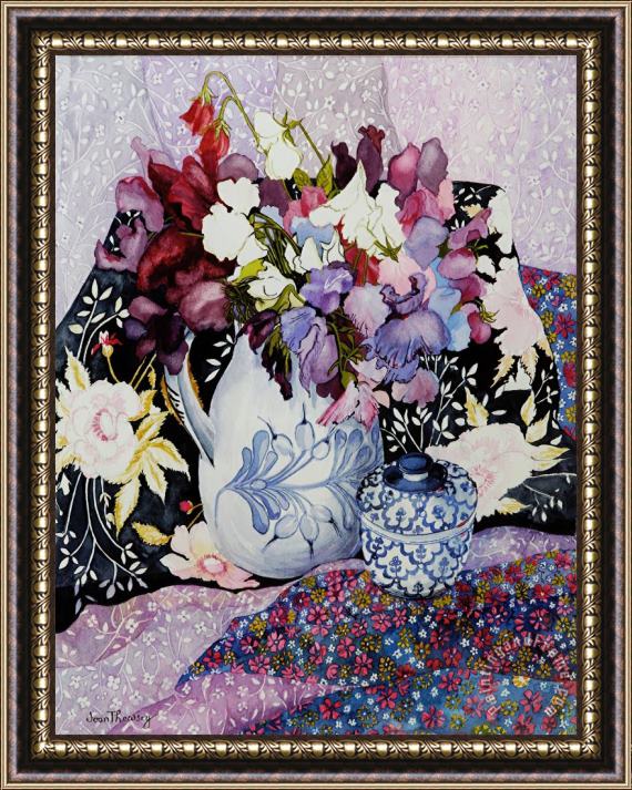 Joan Thewsey Sweet Peas In A Blue And White Jug With Blue And White Pot And Textiles Framed Painting