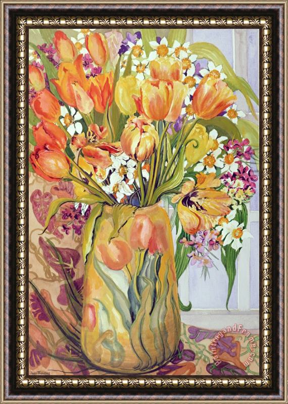 Joan Thewsey Tulips And Narcissi In An Art Nouveau Vase Framed Print