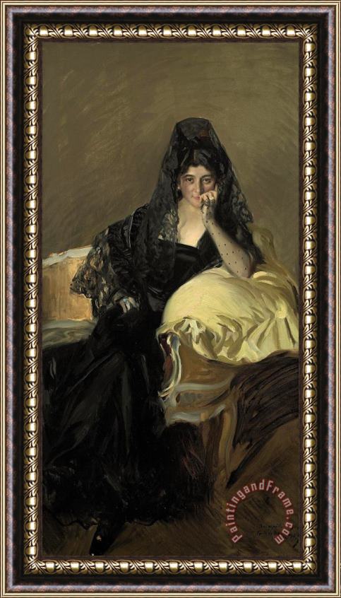 Joaquin Sorolla y Bastida Portrait of Senora De Urcola Wearing a Black Mantilla Framed Painting