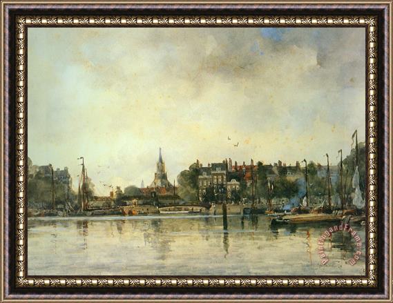 Johan Hendrik Van Mastenbroek A Townview with Moored Vessels Along a Quay Framed Painting