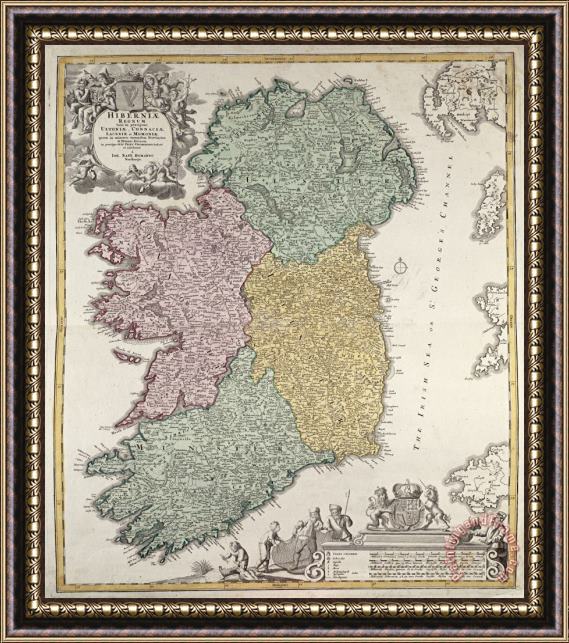 Johann Baptist Homann Antique Map of Ireland showing the Provinces Framed Print