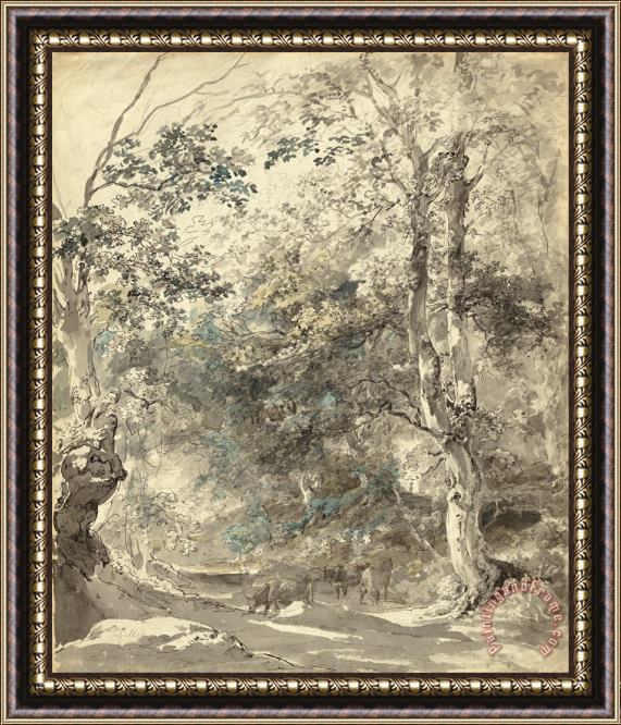 Johann Georg von Dillis  Wooded Landscape with Cows Framed Print