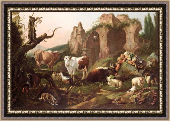 Johann Heinrich Roos Farm animals in a landscape Framed Painting