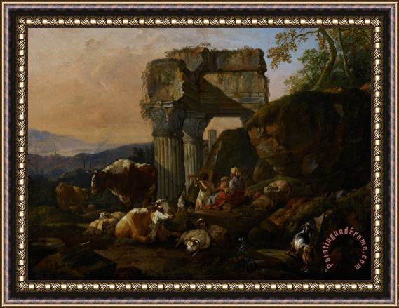 Johann Heinrich Roos Roman Landscape With Cattle And Shepherds Framed Painting