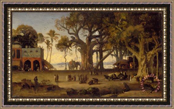 Johann Zoffany Moonlit Scene of Indian Figures and Elephants among Banyan Trees Framed Painting