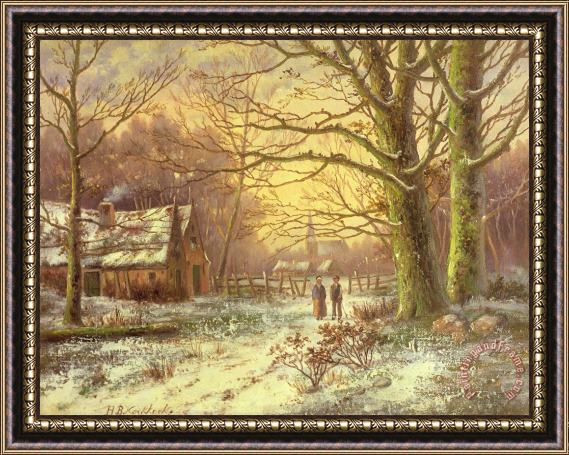 Johannes Hermann Barend Koekkoek Figures on a path before a village in winter Framed Painting