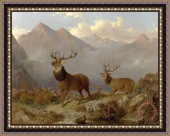 John Frederick Herring Jnr Stags And Hinds In A Highland Landscape Framed Painting