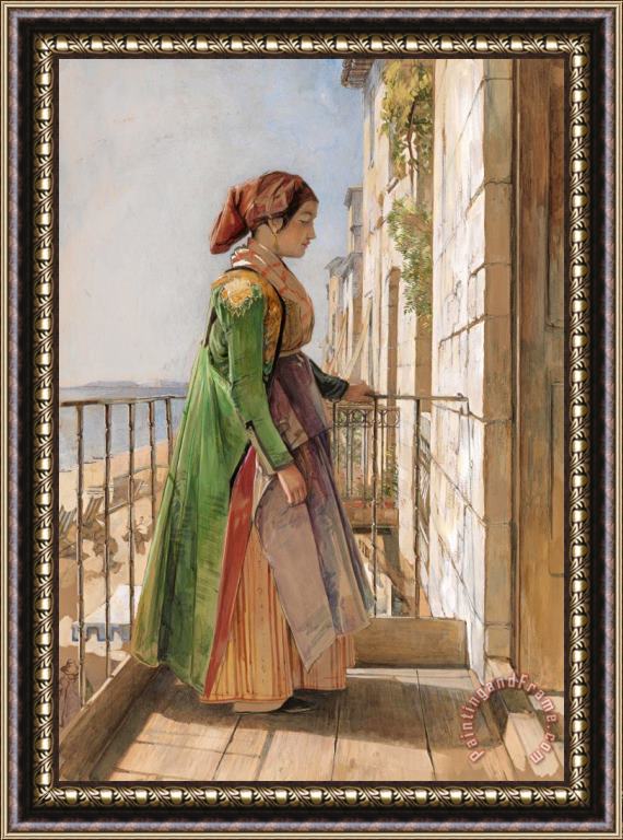 John Frederick Lewis A Greek Girl Standing on a Balcony Framed Print