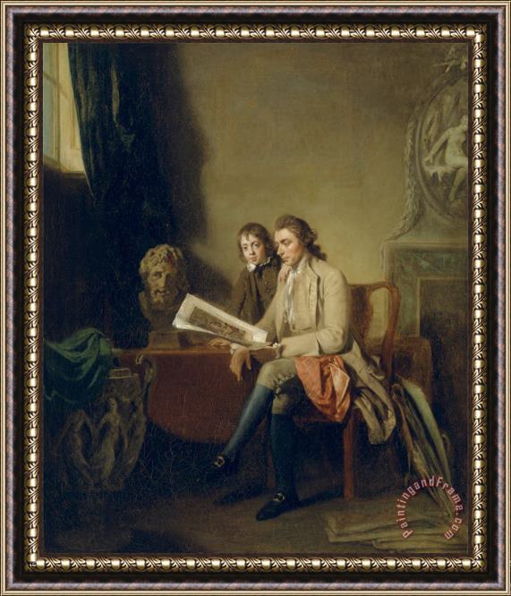 John Hamilton Mortimer Portrait of a Man And a Boy Looking at Prints Framed Painting