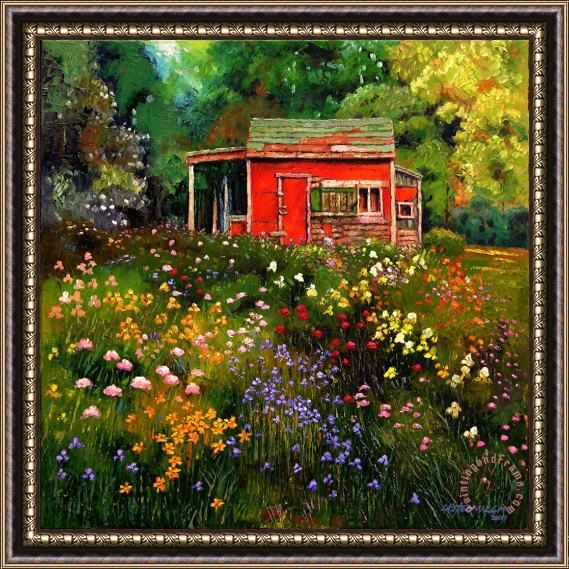 John Lautermilch Little Red Flower Shed Framed Painting