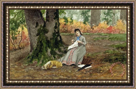 John M Tracy Woman Embroidering Under a Tree Framed Painting