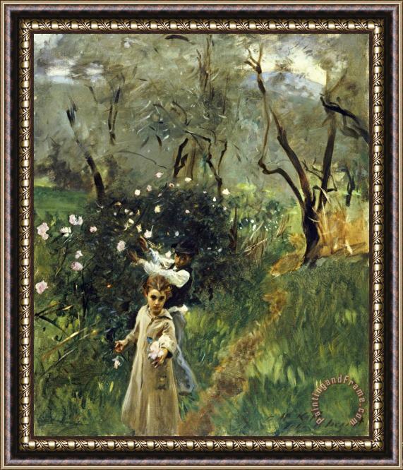 John Singer Sargent Gathering Flowers at Twilight Framed Painting
