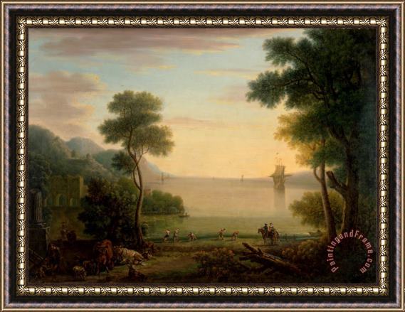 John Wootton Classical Landscape with Figures And Animals Sunset Framed Print