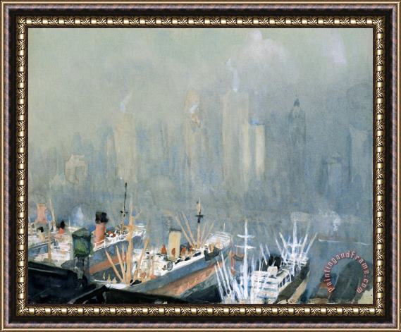 Joseph Pennell New York City Skyline From Brooklyn Harbor, Ships Docked in Foreground Framed Painting