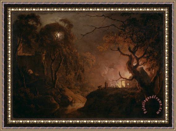 Joseph Wright  Cottage on Fire at Night Framed Painting