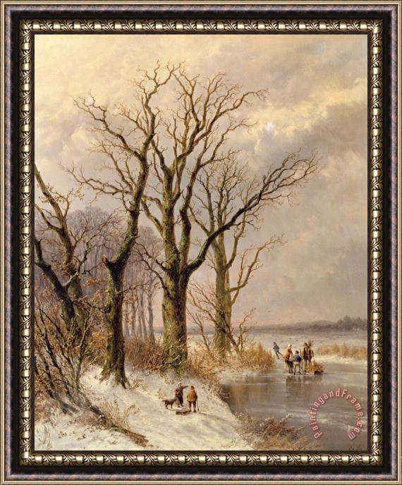 Josephus Gerardus Hans Winter landscape with faggot gatherers conversing on a frozen lake Framed Painting