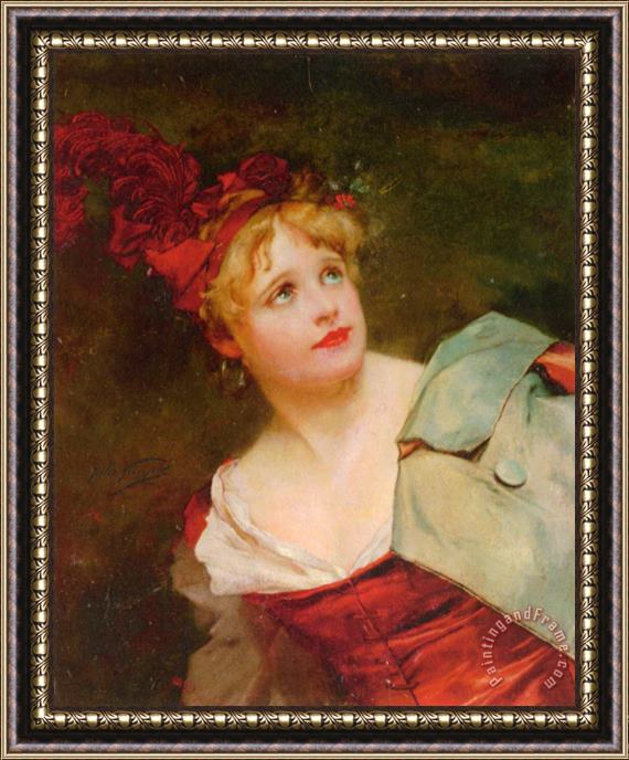 Jules Adolphe Goupil A Lady Wearing a Crimson Hat Framed Painting