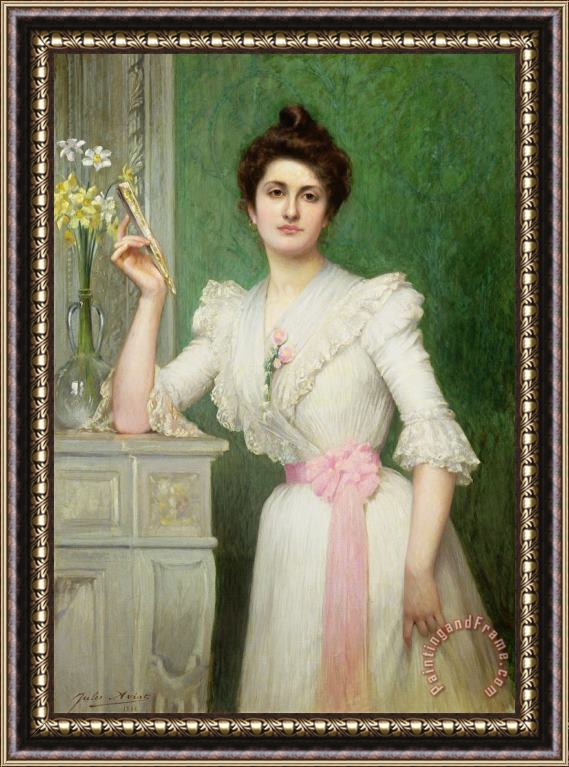 Jules-Charles Aviat Portrait of a lady holding a fan Framed Print