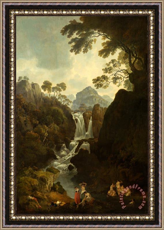 Julius Caesar Ibbetson A Waterfall with Bathers Framed Print