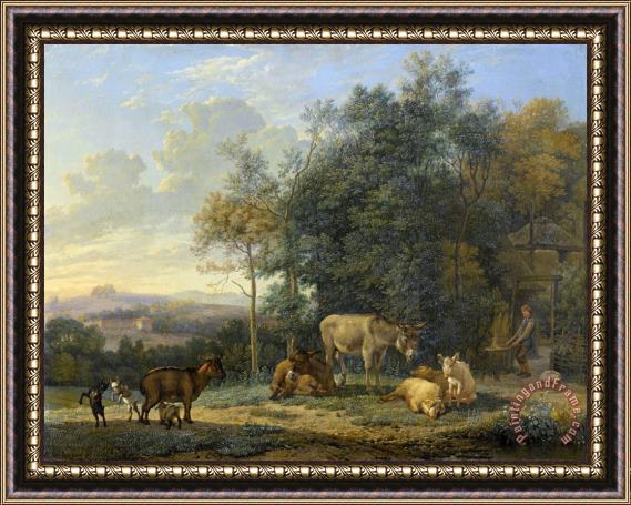 Karel Dujardin Landscape with Two Donkeys, Goats And Pigs Framed Painting
