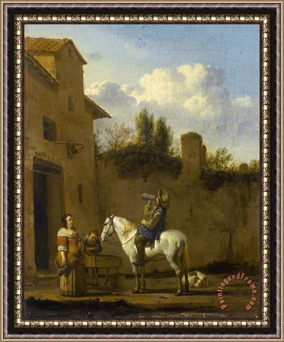Karel Dujardin Mounted Trumpeter Taking a Drink Framed Painting