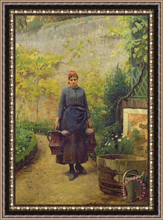 L E Adan Woman with Watering Cans Framed Painting