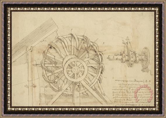 Leonardo da Vinci Great Sling Rotating On Horizontal Plane Great Wheel And Crossbows Devices From Atlantic Codex Framed Print
