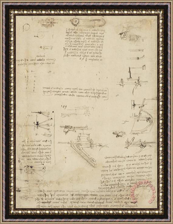 Leonardo da Vinci Notes About Perspective And Sketch Of Devices For Textile Machinery From Atlantic Codex Framed Painting