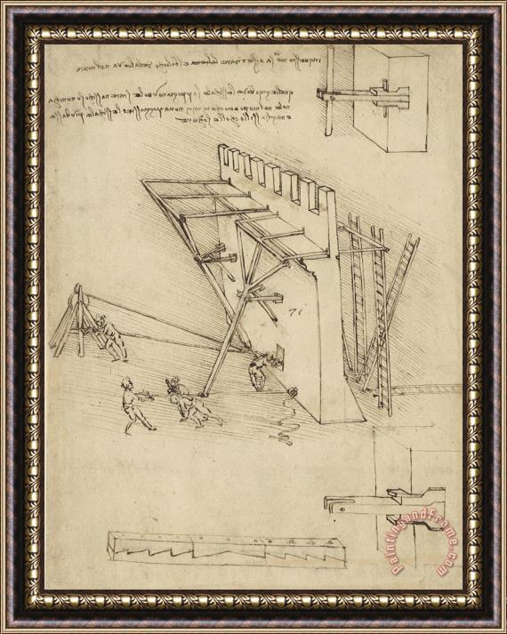 Leonardo da Vinci Siege Machine In Defense Of Fortification With Details Of Machine From Atlantic Codex Framed Painting