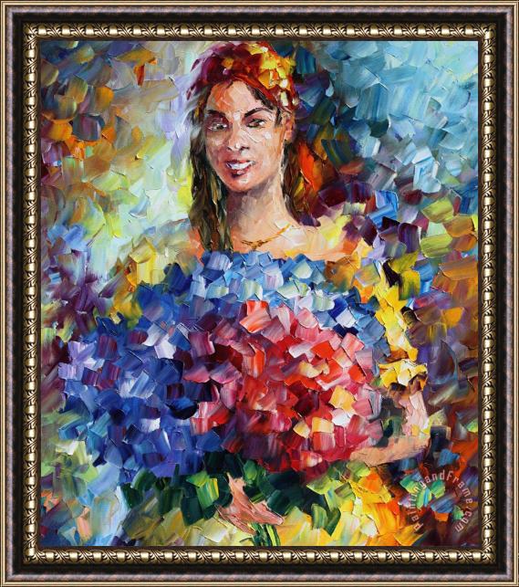 Leonid Afremov Lady With Flowers - Commissioned Painting Framed Print