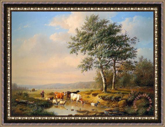 Louis Pierre Verwee An Extensive Landscape with Cattle Watering Framed Print