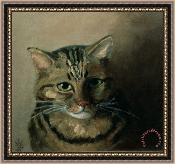 Louis Wain A Head Study of a Tabby Cat Framed Painting