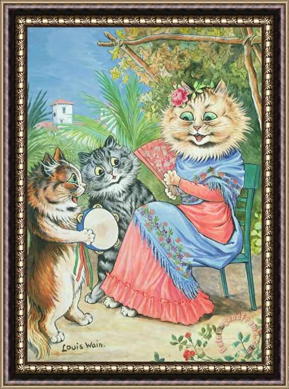 Louis Wain Mother cat with fan and two kittens Framed Painting