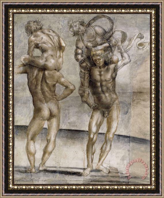 Luca Signorelli Two Nude Youths Carrying a Young Woman And a Young Man Framed Painting