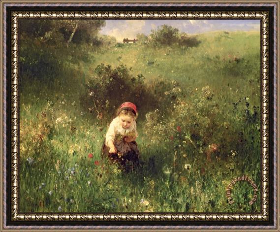 Ludwig Knaus A Young Girl In A Field Framed Painting