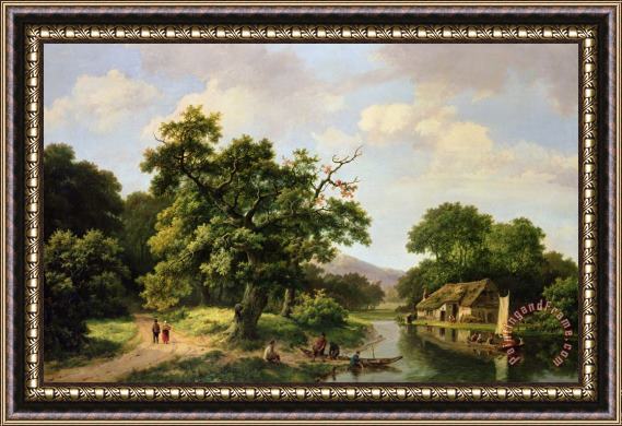 Marinus Adrianus Koekkoek Wooded River Landscape With Peasants Unloading A Ferry Framed Painting