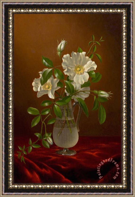 Martin Johnson Heade Cherokee Roses in a Glass Vase Framed Painting